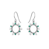 Hollow Circle with Green Zircon and Pearl Silver Drop Earrings for Women